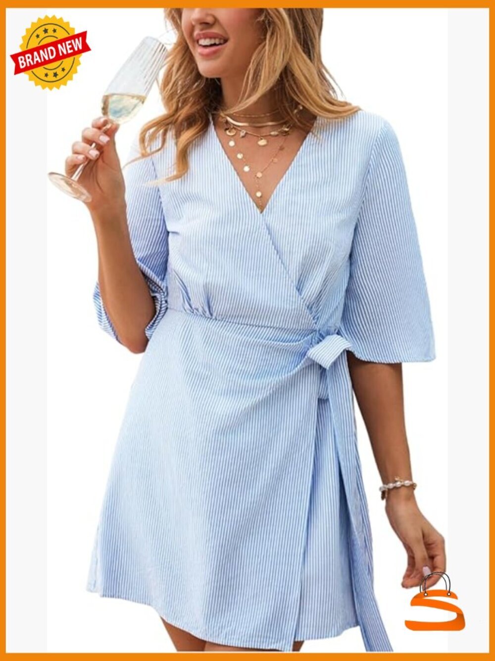 Striped V Neck Wrap Tie Front Mini Dress Summer Vacation Casual